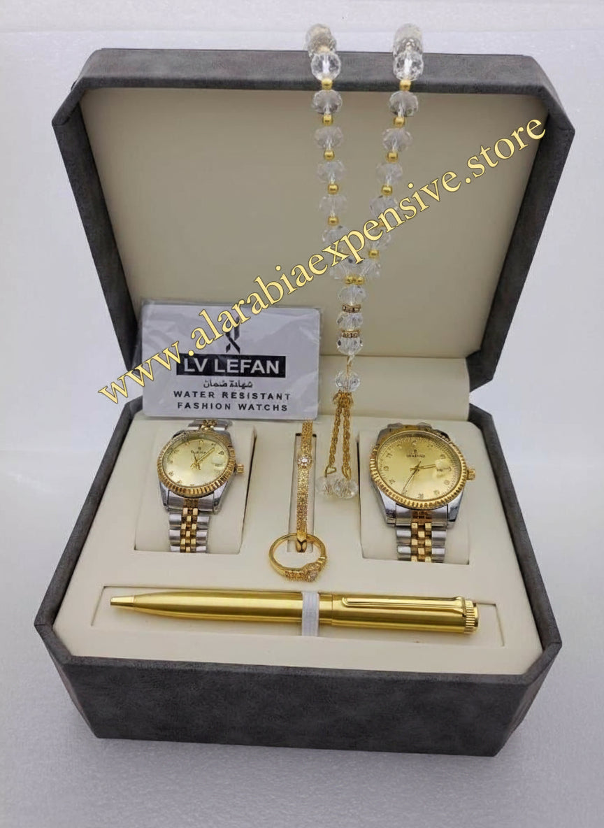 "Men's Stainless Steel Set: Watch, Rosary, Pen & Cufflinks"