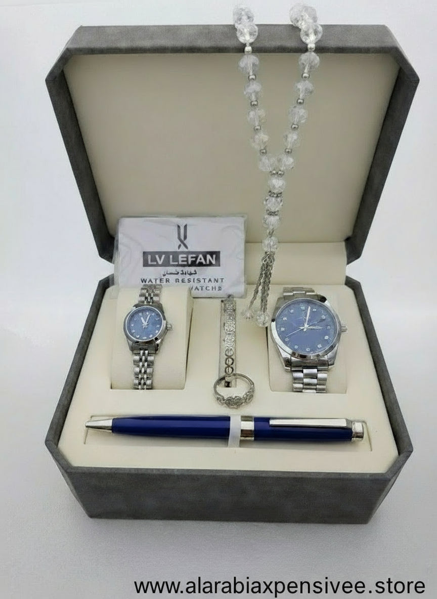 "Men's Stainless Steel Set: Watch, Rosary, Pen & Cufflinks"