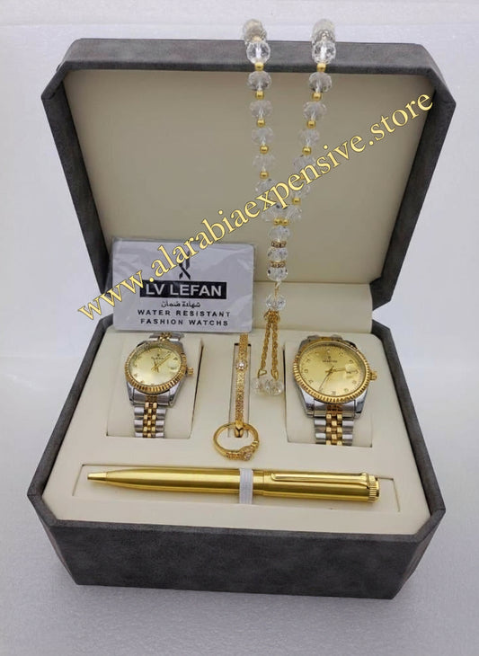 "Men's Stainless Steel Set: Watch, Rosary, Pen & Cufflinks"
